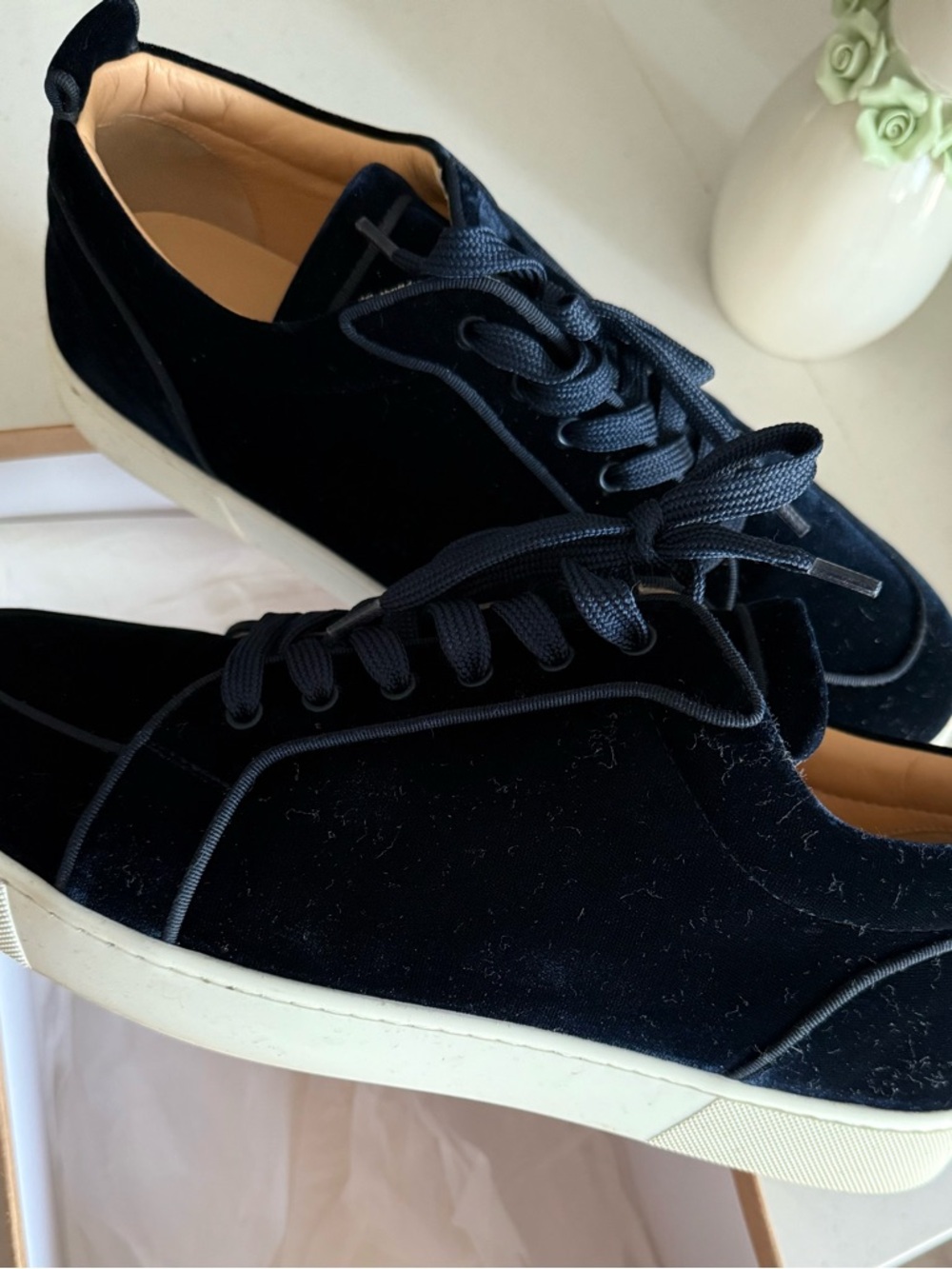 Christian Louboutin Navy Velvet Low-Top Sneakers